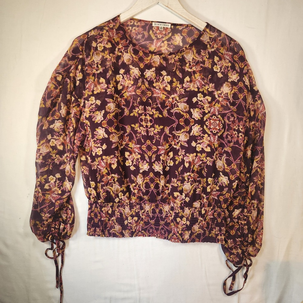 Black Swan Floral Smocked Hem Blouse Burgundy Purple Long Sleeve Crop Top Small